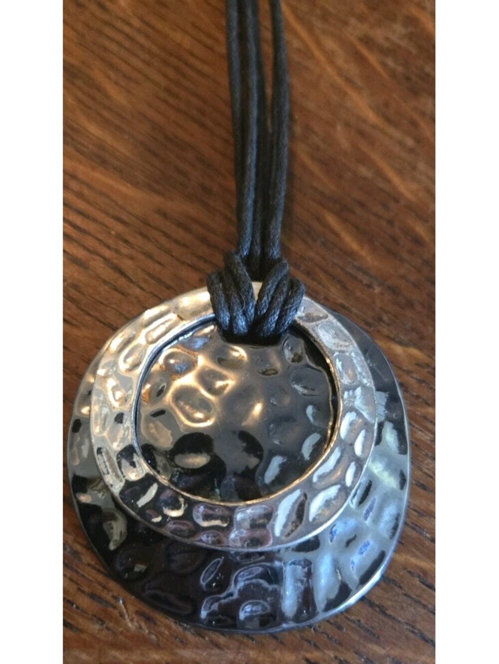 Three Black Cords & Silver-tone Hammered Disc Ring Pendant Necklace 19.5"
